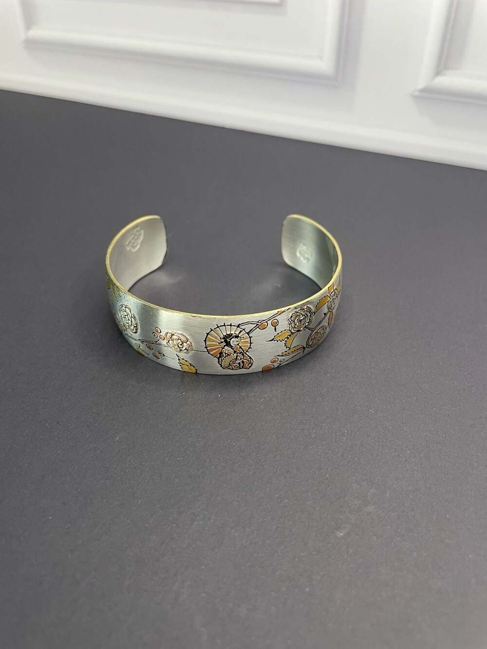 Vintage Reed & Barton Damascene Geisha and Flowers Cuff Bracelet